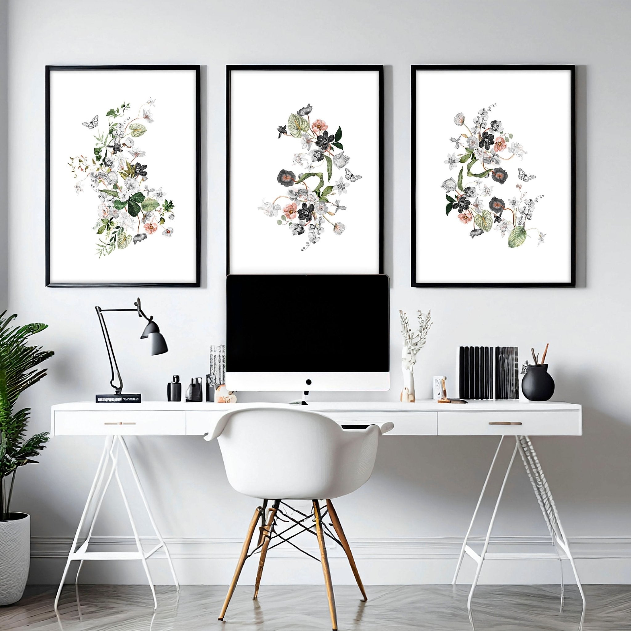 Set of 3 Shabby Chic Botanical wall art prints for home office decor, featuring deep burgundy, grey, and green hues.