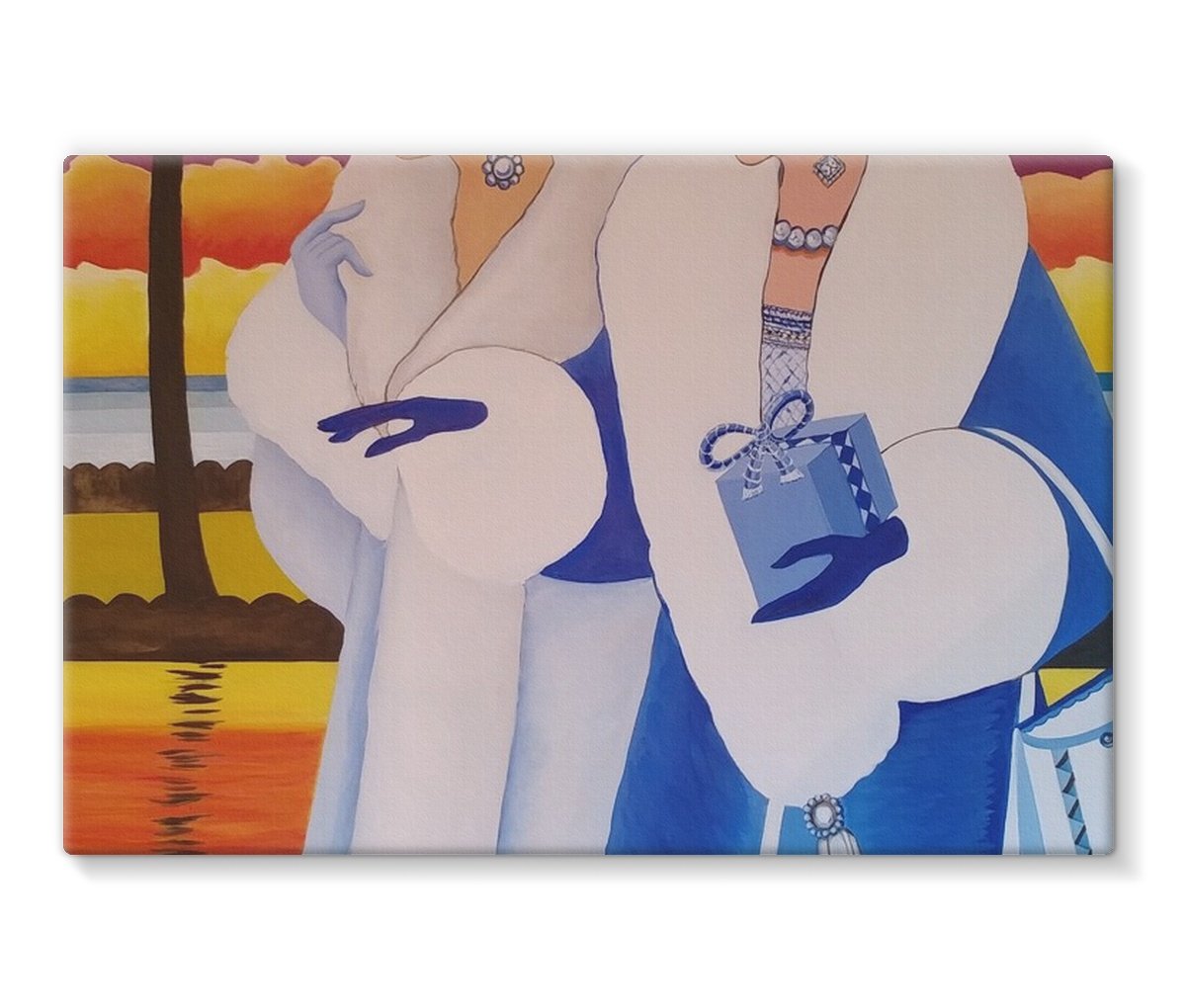 Palm Beach Blue Art Deco Canvas featuring vibrant blue tones and geometric patterns on heavyweight poly-cotton canvas, gallery wrapped for a modern look.