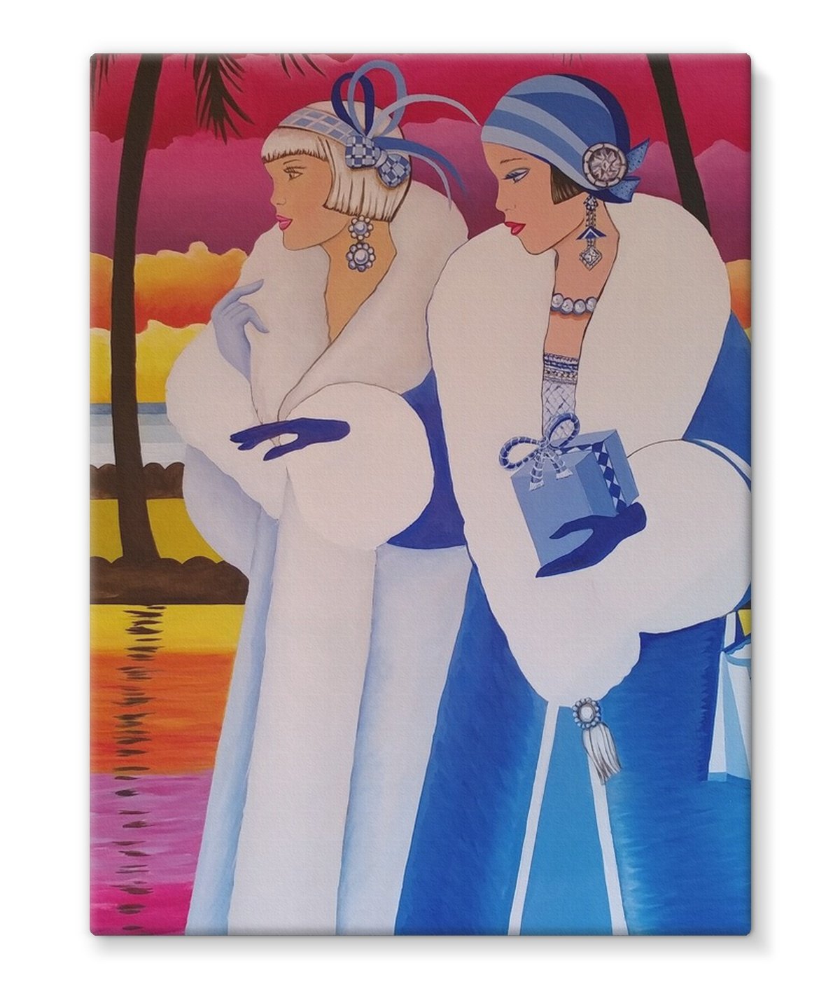 Palm Beach Blue Art Deco Canvas featuring vibrant blue tones and geometric patterns on heavyweight poly-cotton canvas, gallery wrapped for a modern look.