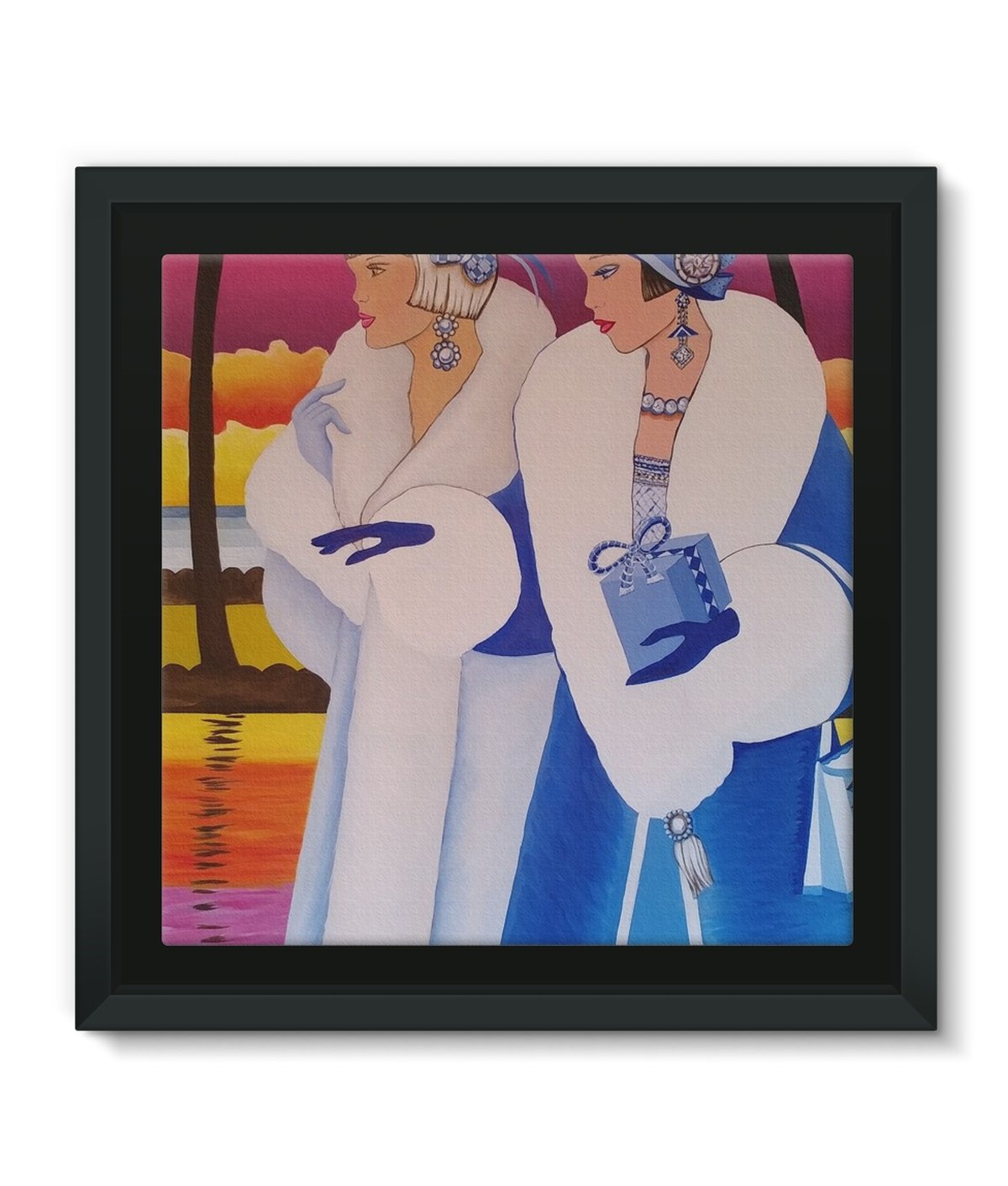 Palm Beach Blue Framed Canvas showcasing vibrant colors and sharp details in a matte black floater frame.