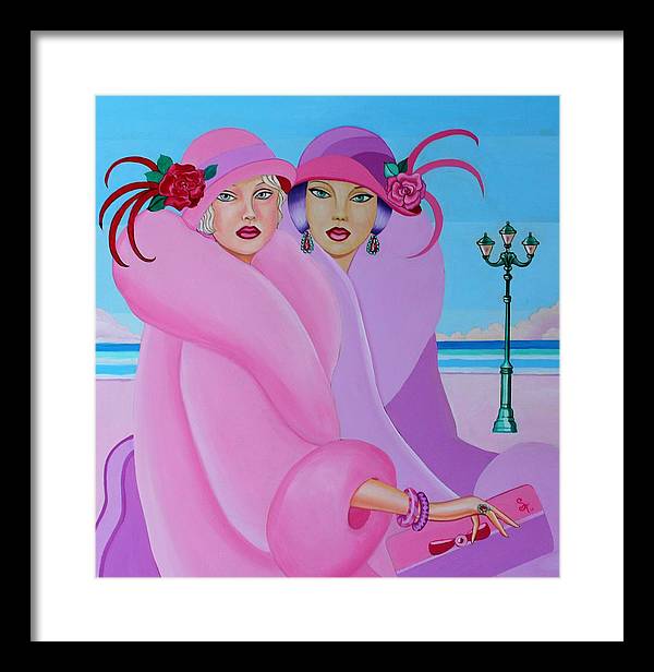A vibrant framed print of Palm Beach Pink Ladies, showcasing elegant colors and intricate details, ready to hang on a wall.
