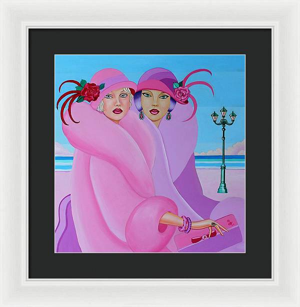 A vibrant framed print of Palm Beach Pink Ladies, showcasing elegant colors and intricate details, ready to hang on a wall.