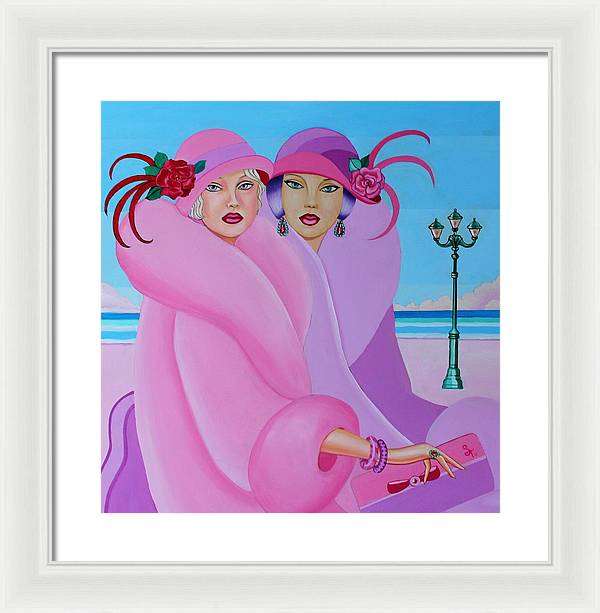 A vibrant framed print of Palm Beach Pink Ladies, showcasing elegant colors and intricate details, ready to hang on a wall.