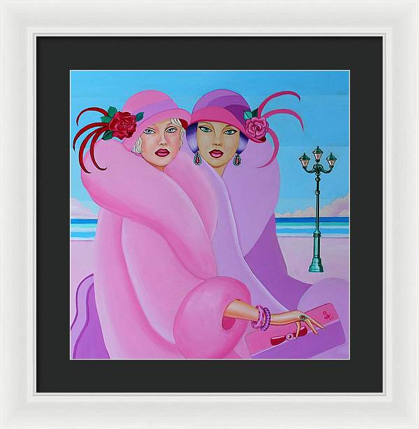 A vibrant framed print of Palm Beach Pink Ladies, showcasing elegant colors and intricate details, ready to hang on a wall.