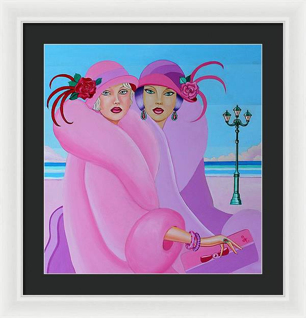 A vibrant framed print of Palm Beach Pink Ladies, showcasing elegant colors and intricate details, ready to hang on a wall.