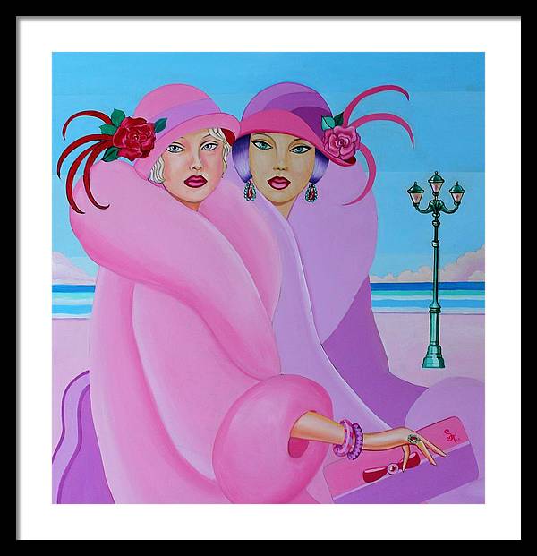 A vibrant framed print of Palm Beach Pink Ladies, showcasing elegant colors and intricate details, ready to hang on a wall.