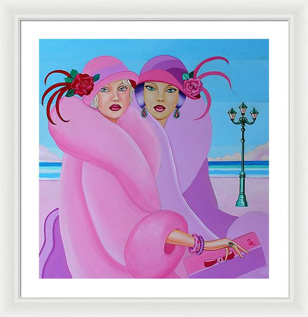 A vibrant framed print of Palm Beach Pink Ladies, showcasing elegant colors and intricate details, ready to hang on a wall.