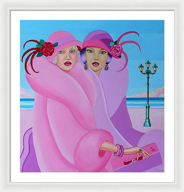 A vibrant framed print of Palm Beach Pink Ladies, showcasing elegant colors and intricate details, ready to hang on a wall.