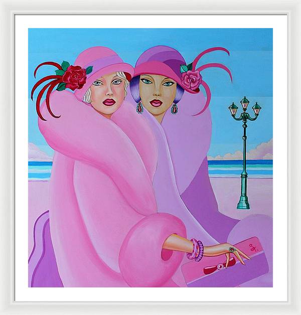 A vibrant framed print of Palm Beach Pink Ladies, showcasing elegant colors and intricate details, ready to hang on a wall.