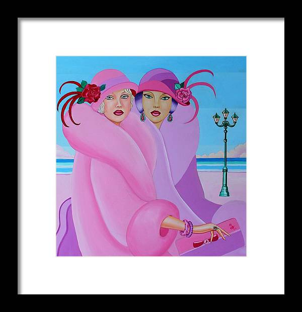 A vibrant framed print of Palm Beach Pink Ladies, showcasing elegant colors and intricate details, ready to hang on a wall.