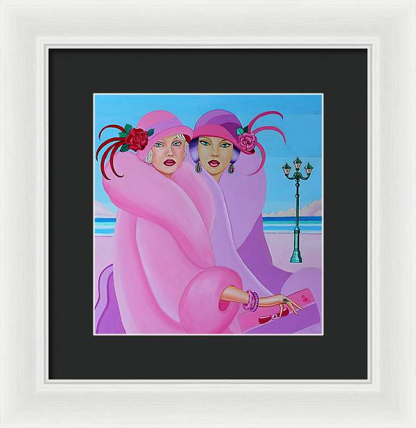 A vibrant framed print of Palm Beach Pink Ladies, showcasing elegant colors and intricate details, ready to hang on a wall.
