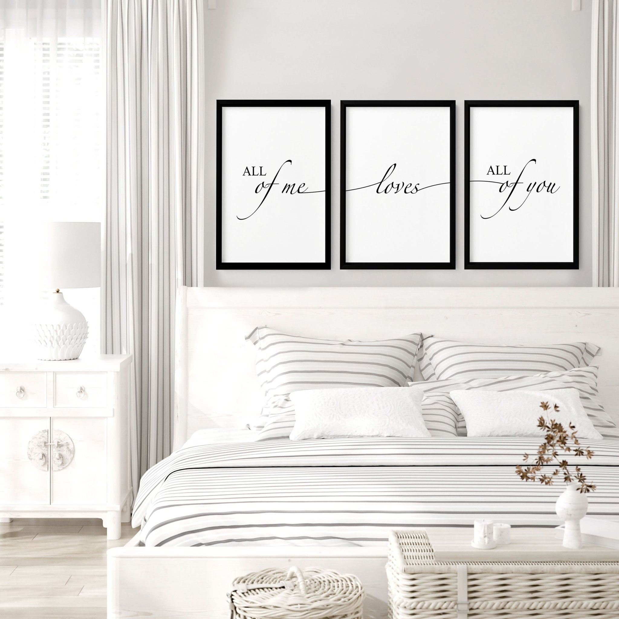 Set of 3 black and white wall art prints featuring the quote 'All of me loves all of you', perfect for bedroom decor.