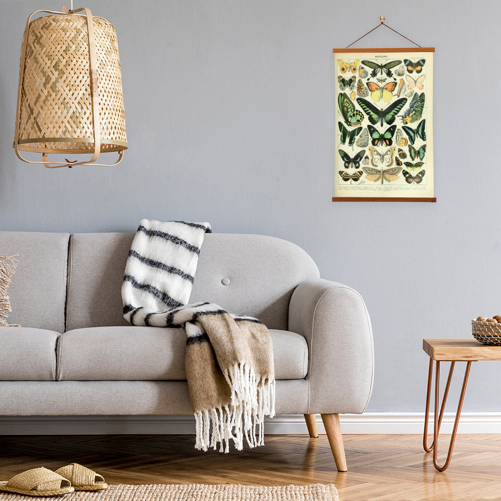 Papillons Set B by Adolphe Millot, featuring a detailed 19th-century butterfly illustration on a canvas wall art with a magnetic wooden hanger.
