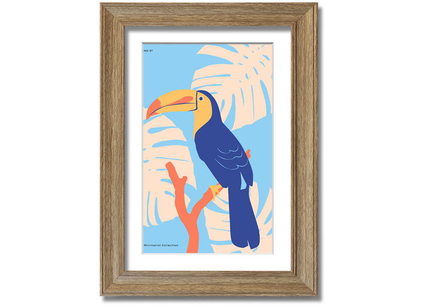 A vibrant framed print of a toucan, showcasing its colorful beak and feathers, ready to hang on a wall.