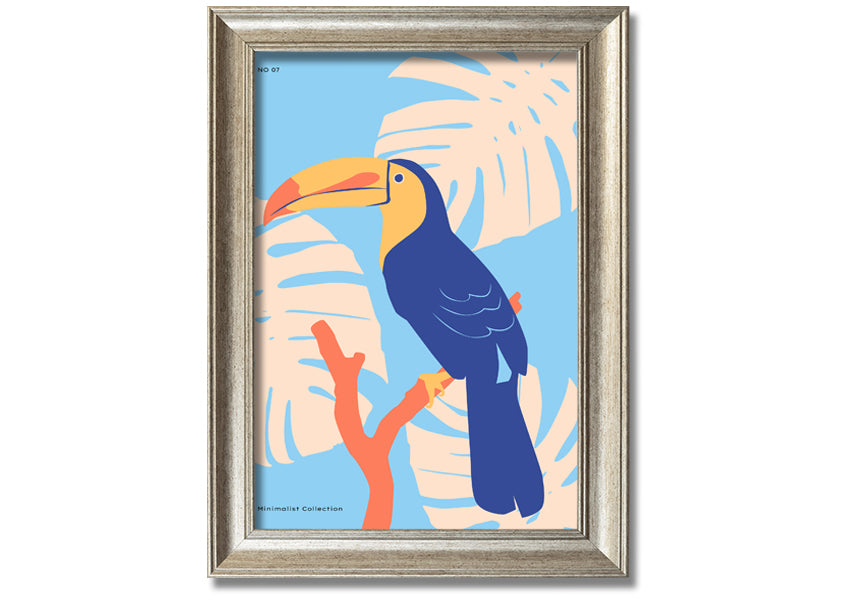 A vibrant framed print of a toucan, showcasing its colorful beak and feathers, ready to hang on a wall.