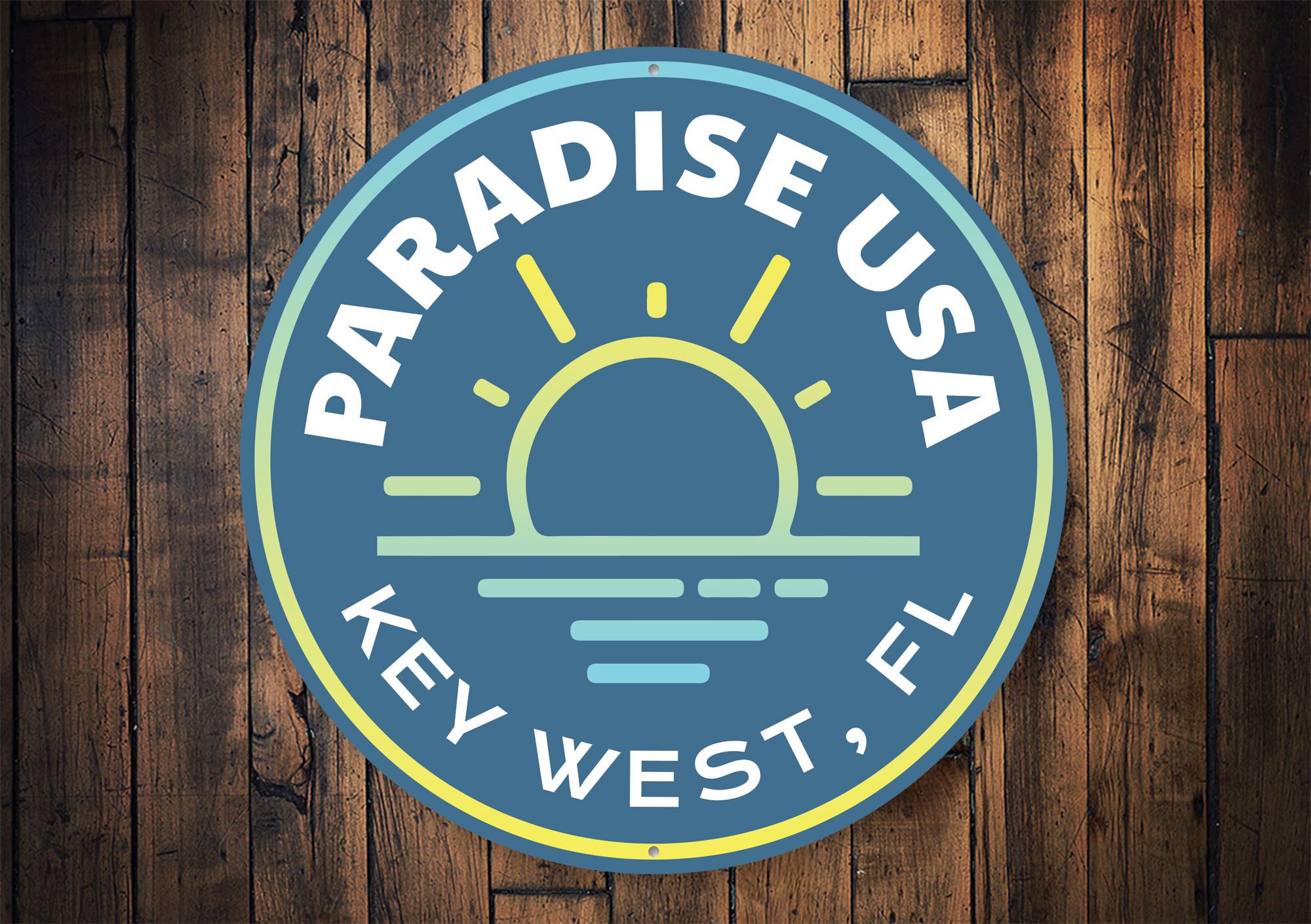 Paradise USA Sunset Sign featuring vibrant colors and beach-themed design, perfect for coastal decor.