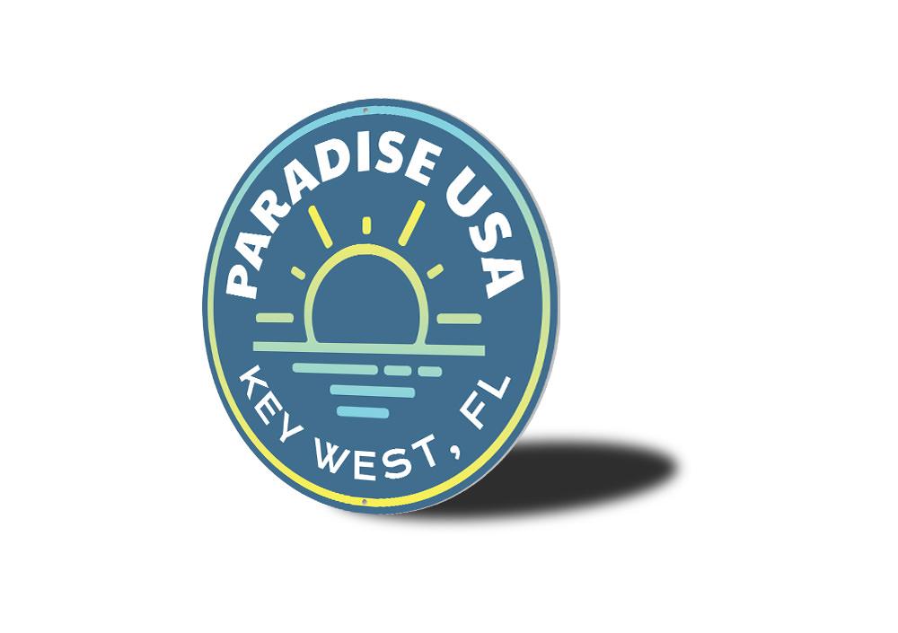 Paradise USA Sunset Sign featuring vibrant colors and beach-themed design, perfect for coastal decor.