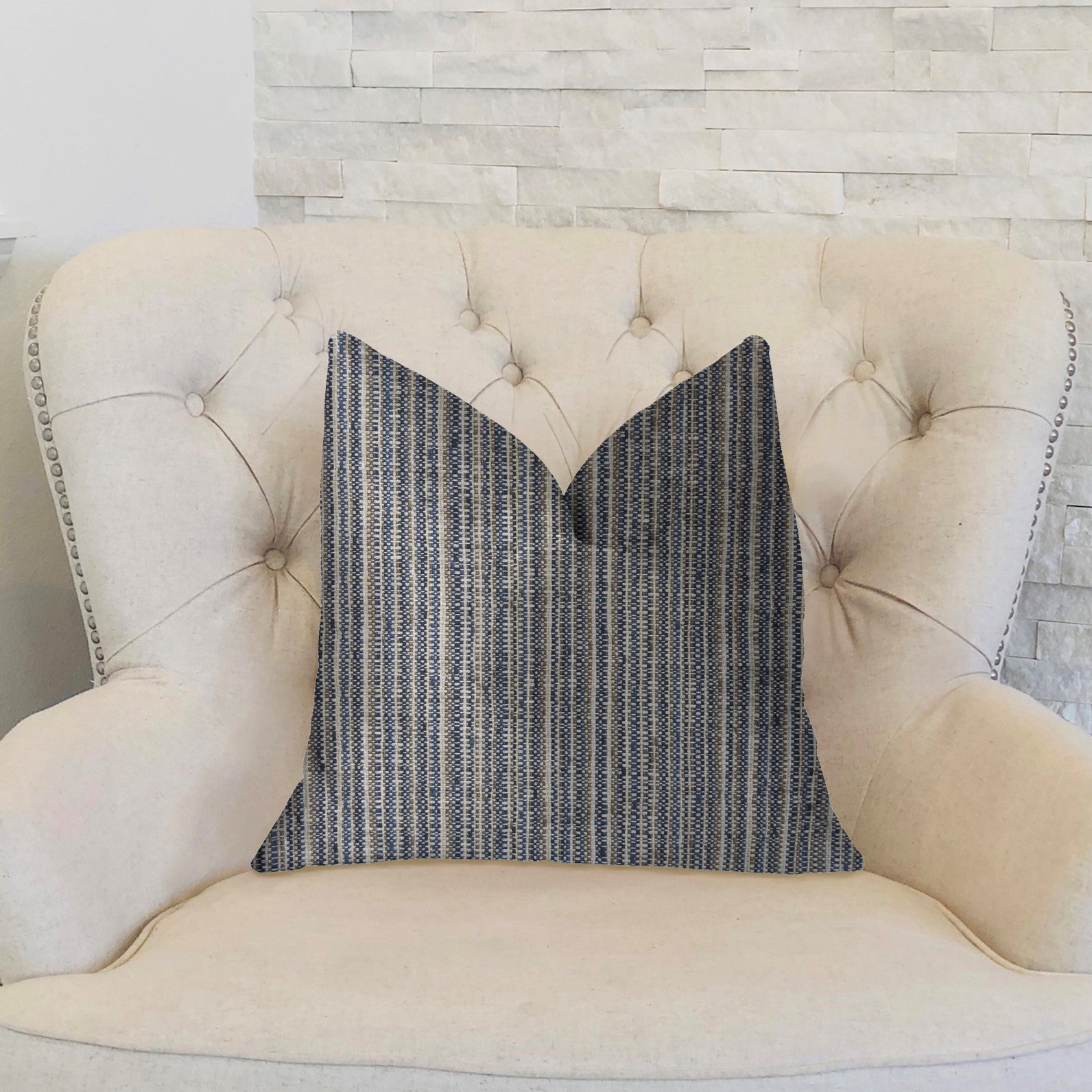 Parallel Lanes luxury throw pillow in blue, beige, and brown with a striped pattern, featuring an invisible zipper and double-sided design.