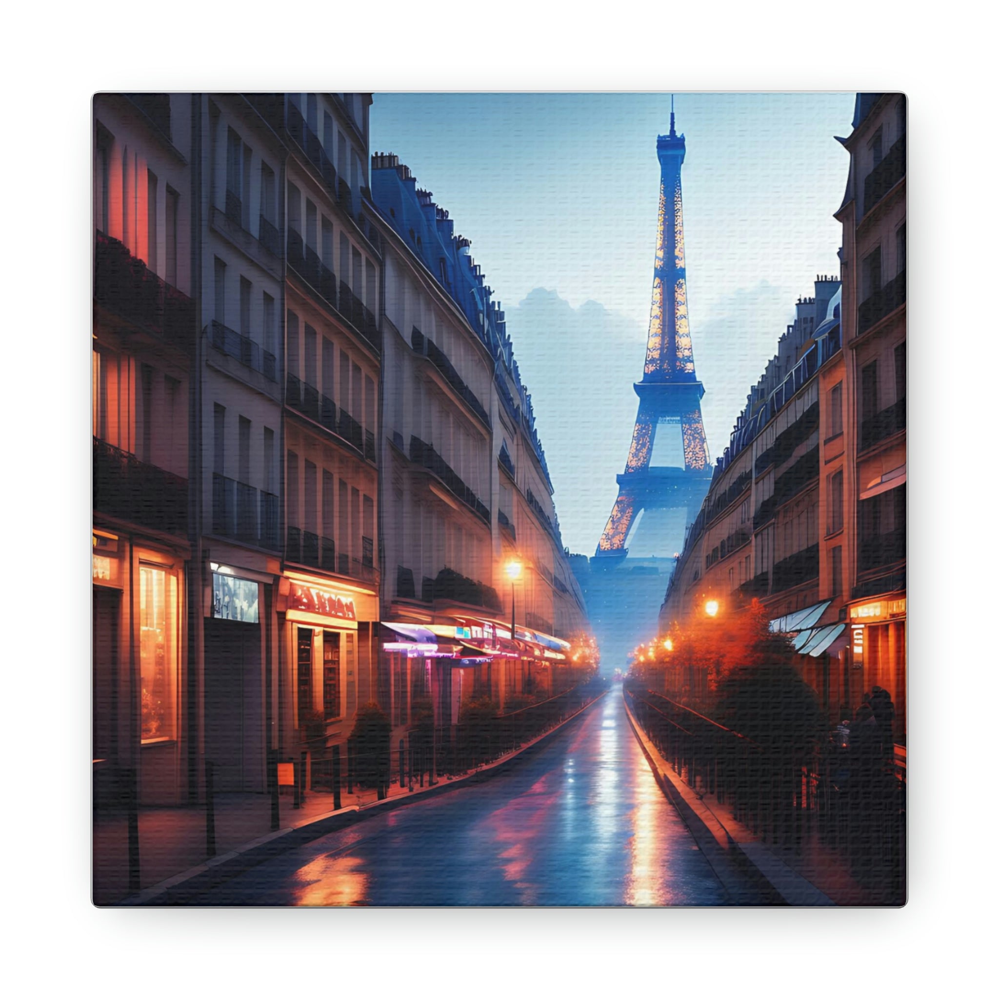 A vibrant neon cityscape of Paris showcasing iconic landmarks illuminated in bright colors, printed on high-quality canvas.