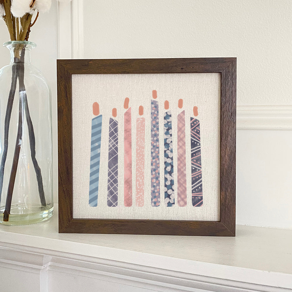 A stylish framed sign featuring the words 'Party Candles' with a natural wood frame, suitable for shelf or wall display.