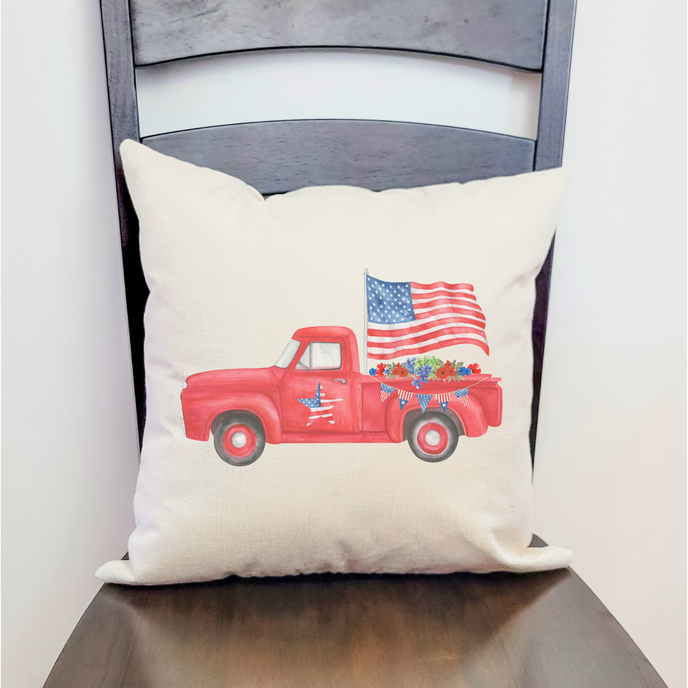 Patriotic Truck Pillow Cover featuring a vibrant truck design on a light beige background, perfect for home decor.