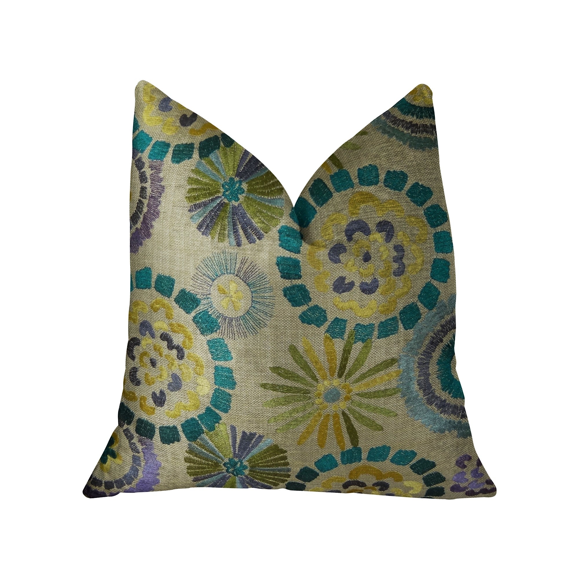 Paulina Turquoise Olive and Taupe Handmade Luxury Pillow featuring a floral pattern, double-sided design, and invisible zipper enclosure.