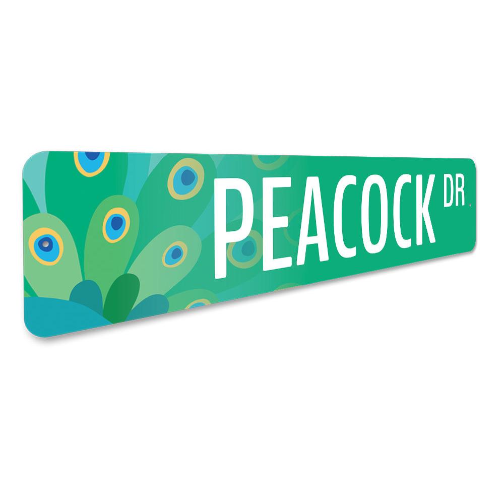 A vibrant Peacock Street Sign made of high-quality aluminum, featuring customizable text options, perfect for home decor.