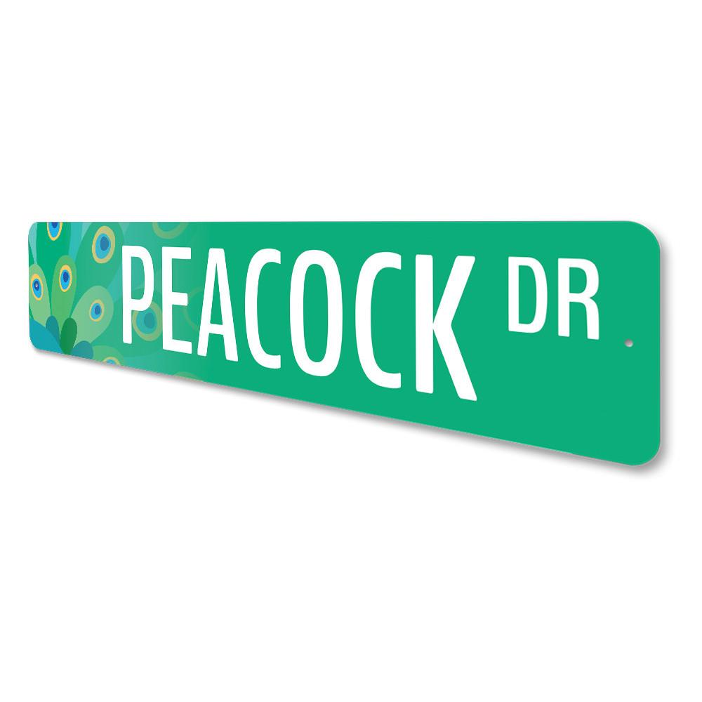 A vibrant Peacock Street Sign made of high-quality aluminum, featuring customizable text options, perfect for home decor.