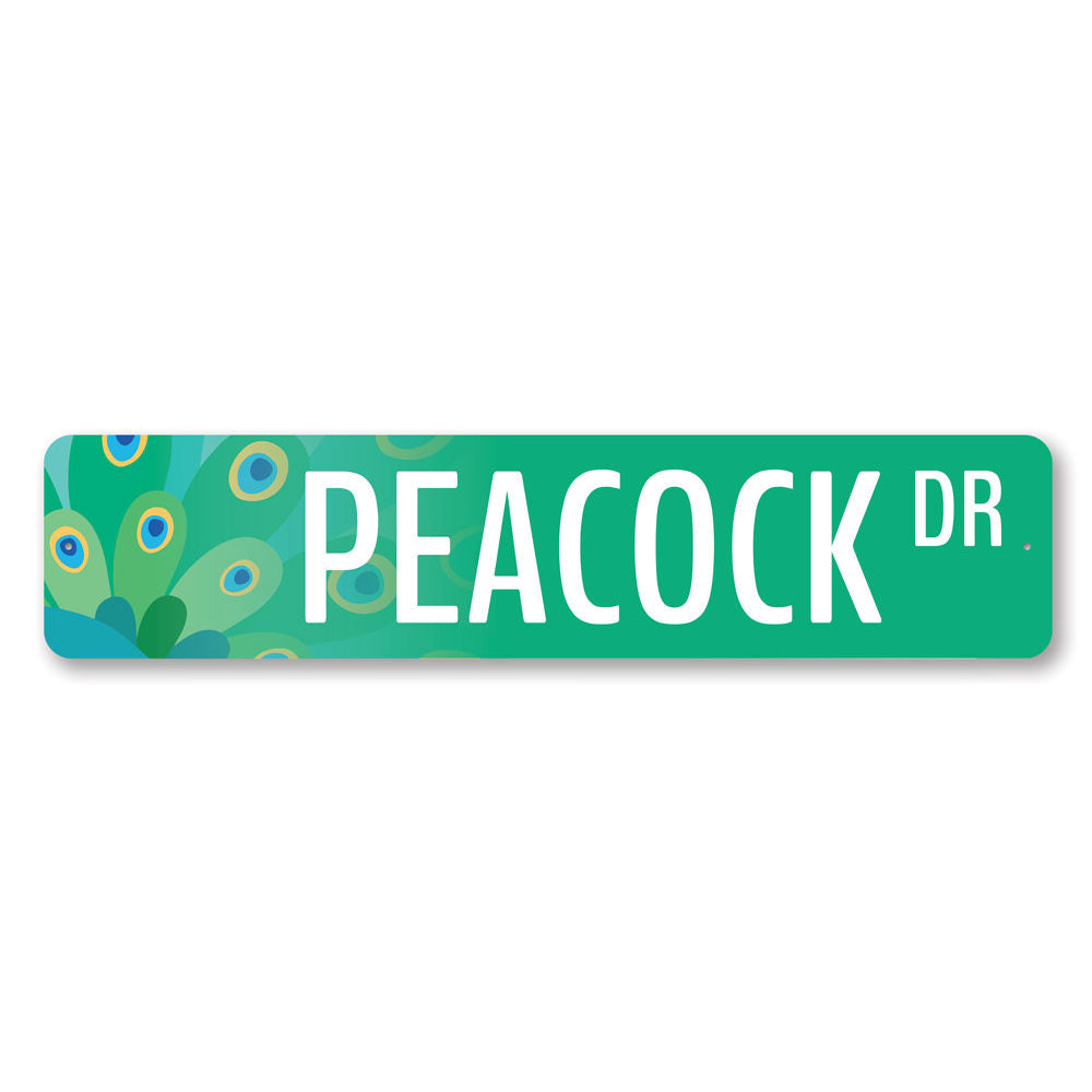 A vibrant Peacock Street Sign made of high-quality aluminum, featuring customizable text options, perfect for home decor.
