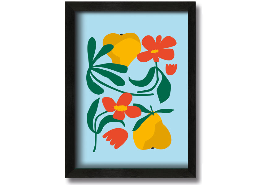 A beautifully framed print featuring pears and flowers, showcasing vibrant colors and intricate details, ready to hang.