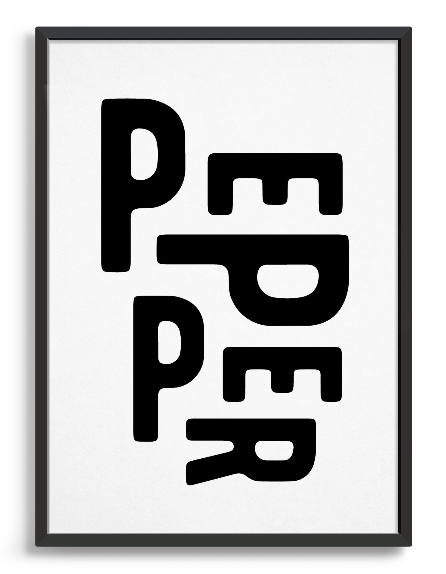 Modern black and white Pepper typography print for kitchen decor, showcasing Scandinavian style.