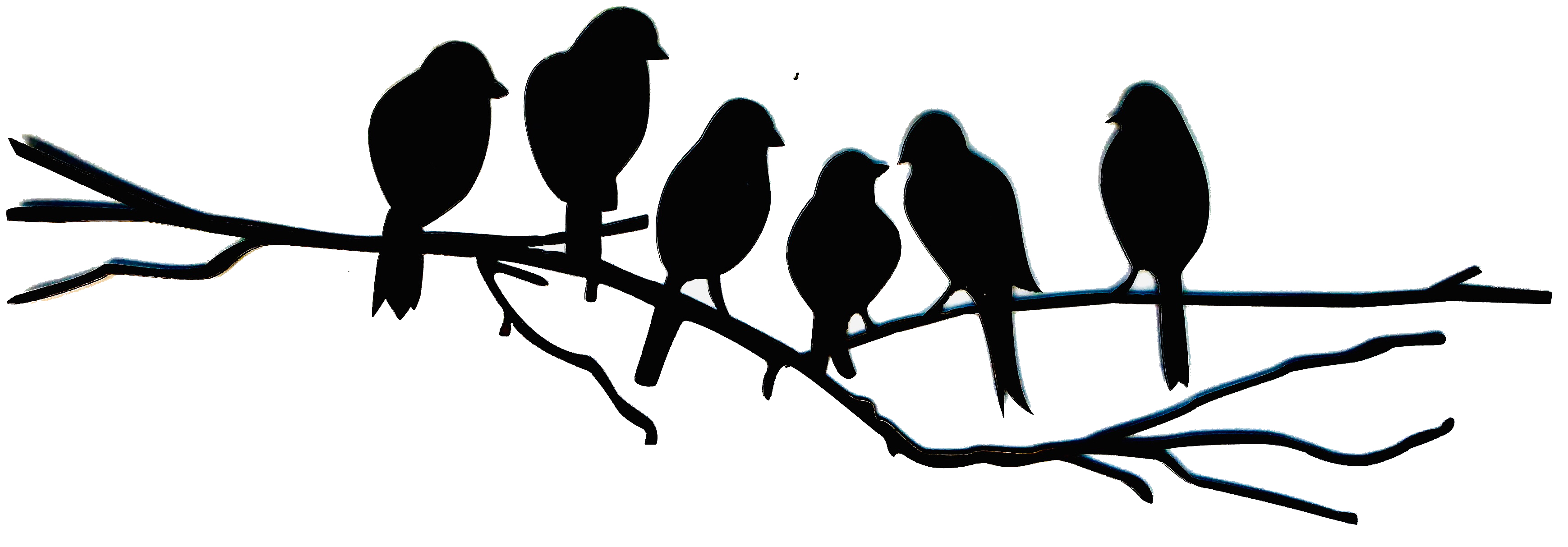 Metal wall art featuring six love birds perched on a branch, crafted from polished steel with a dark gray patina.