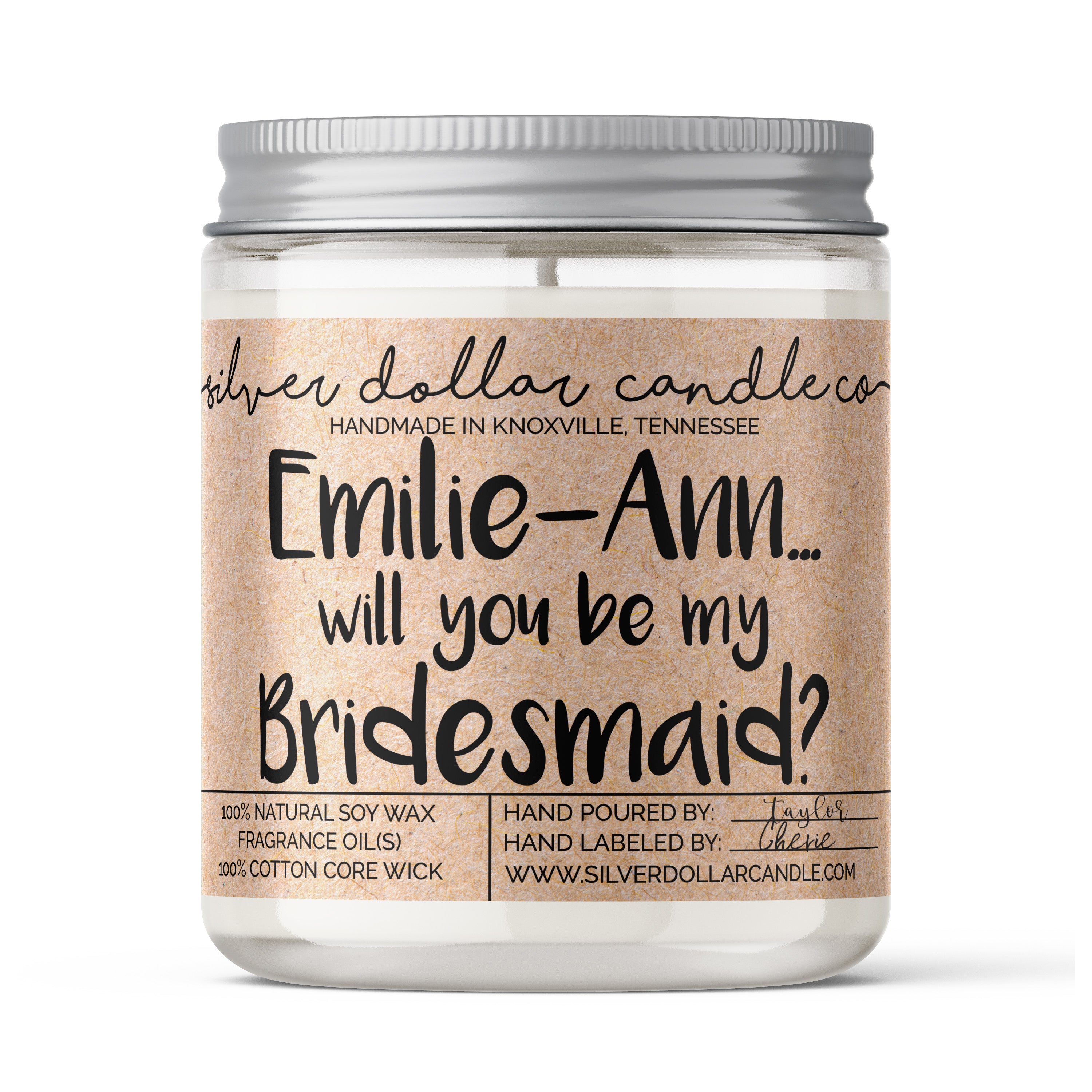 Personalized Bridesmaid Proposal Custom Candle in an elegant 8oz glass jar, beautifully packaged with a custom name and scent.