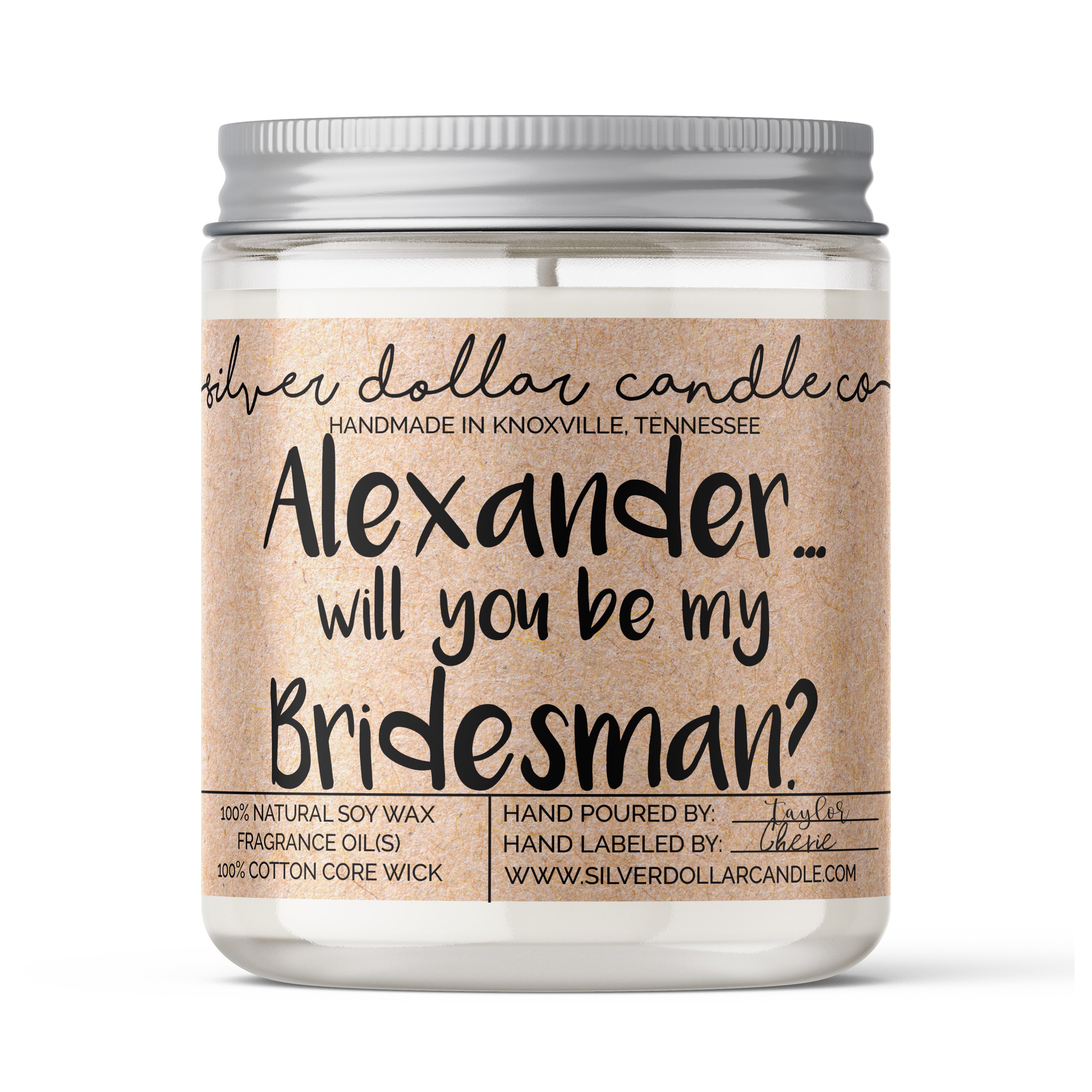 Personalized BridesMAN Proposal Candle in an elegant glass jar, showcasing a custom name and surrounded by decorative elements.