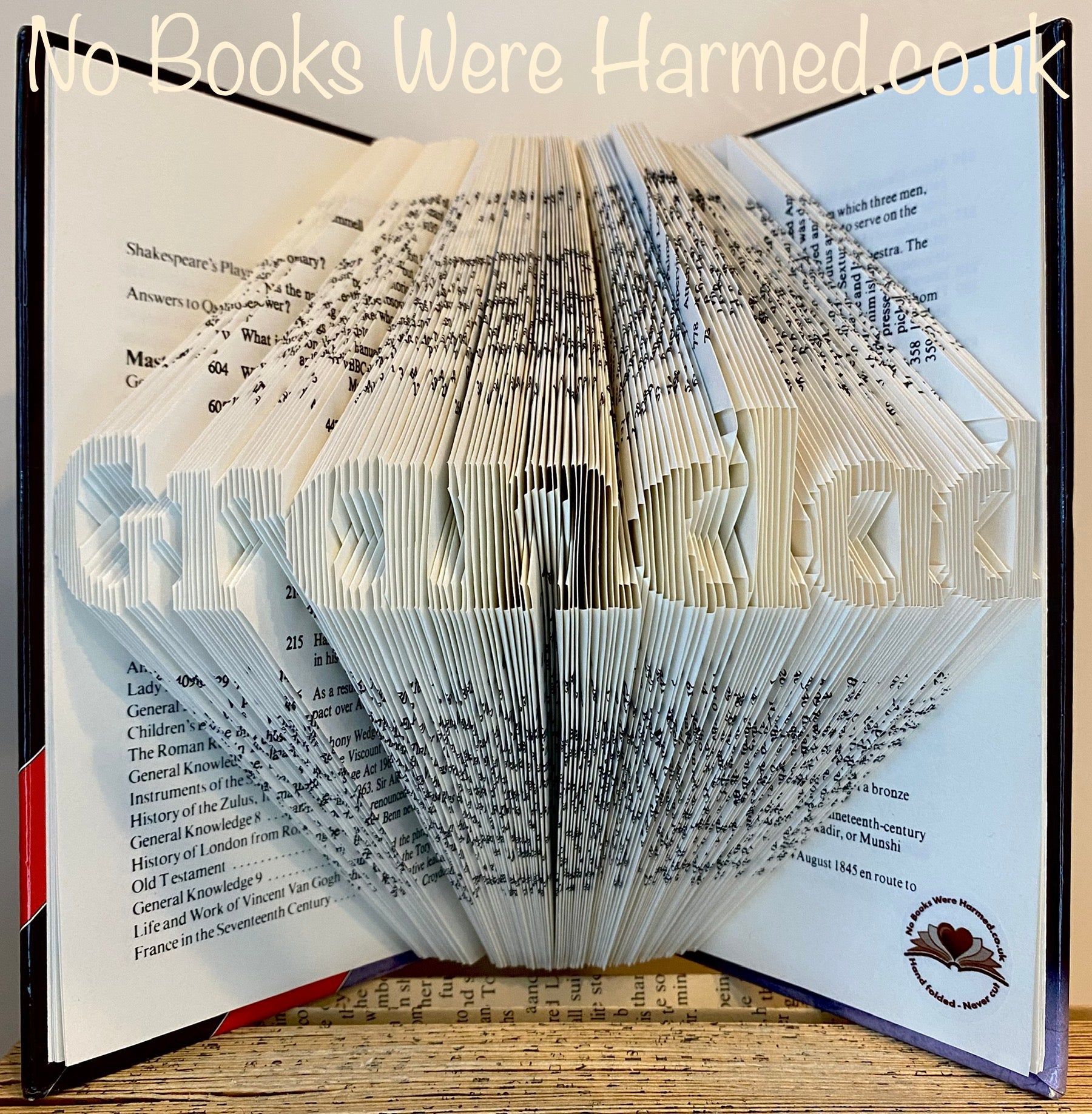 Hand-folded book art displaying a custom word, showcasing unique vintage pages and intricate lettering.