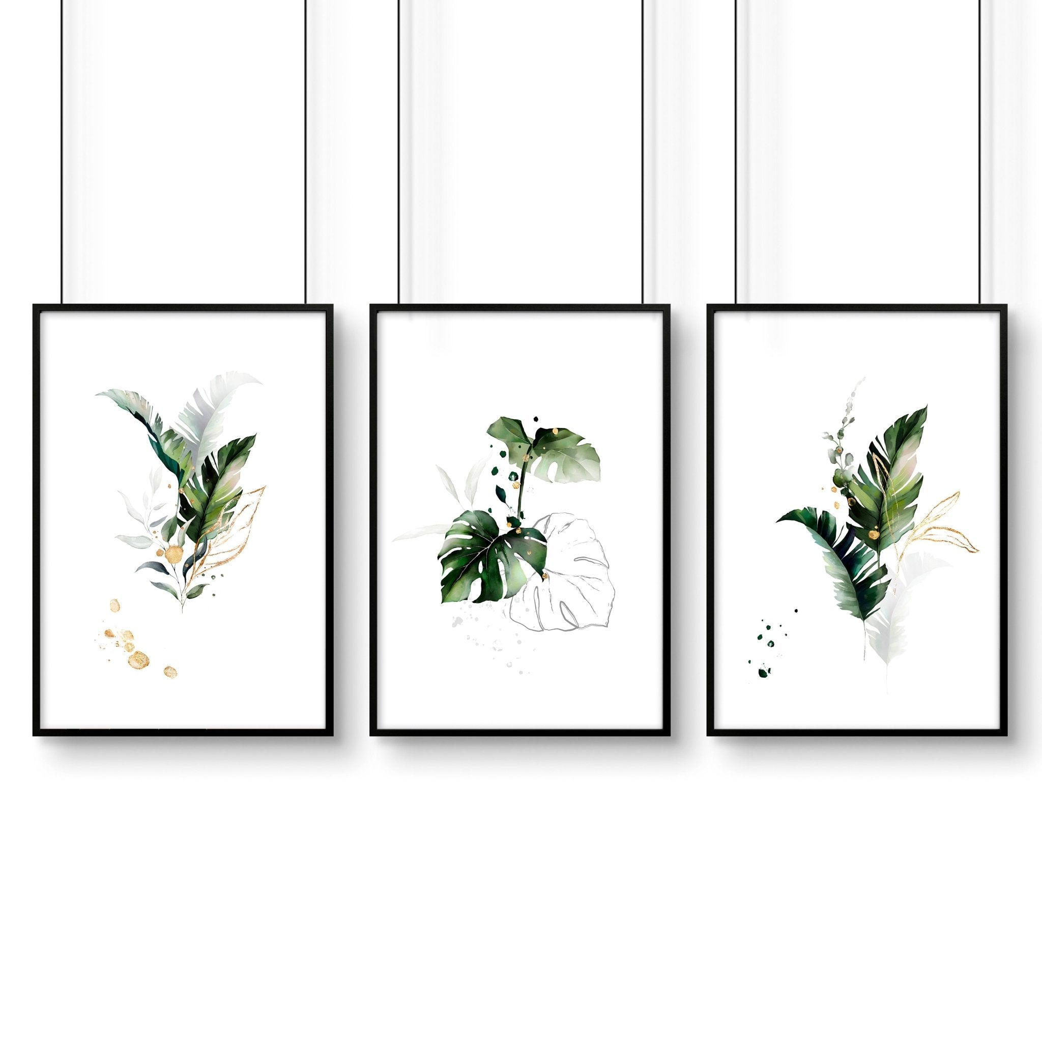 Set of 3 tropical wall art prints featuring lush greenery in greens and gold colors, perfect for bathroom decor.