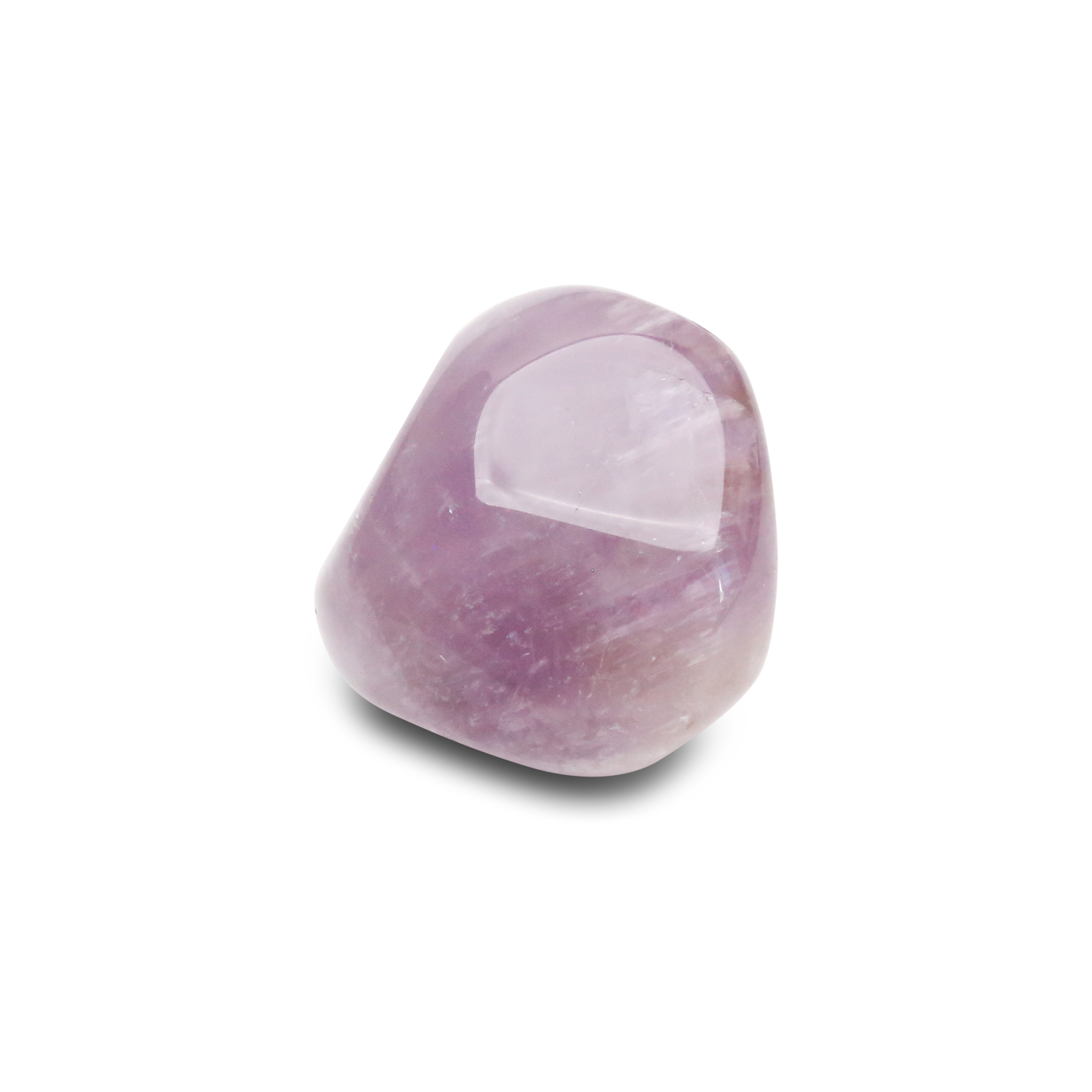 Pierre roulée en améthyste, polie et légèrement brillante, symbolisant la sagesse et la protection, idéale pour la lithothérapie.