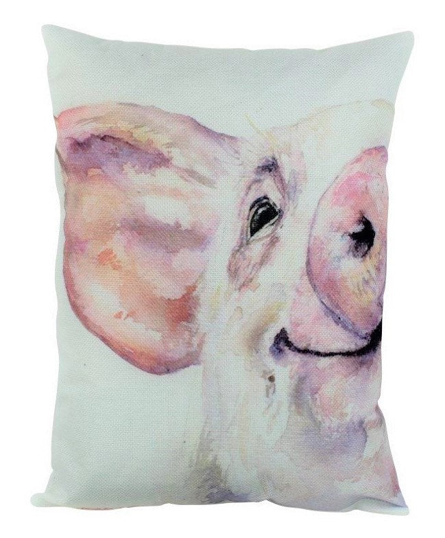 A charming 12x18 pillow cover featuring a watercolor illustration of a smiling pig, perfect for farmhouse decor.