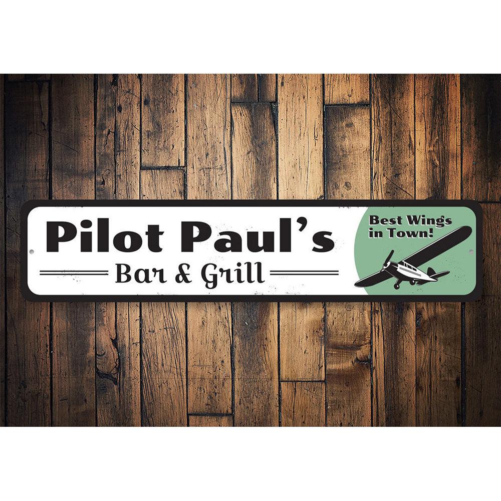 Pilot Bar & Grill Sign made of high-quality aluminum, featuring customizable text and pre-drilled holes for easy mounting.