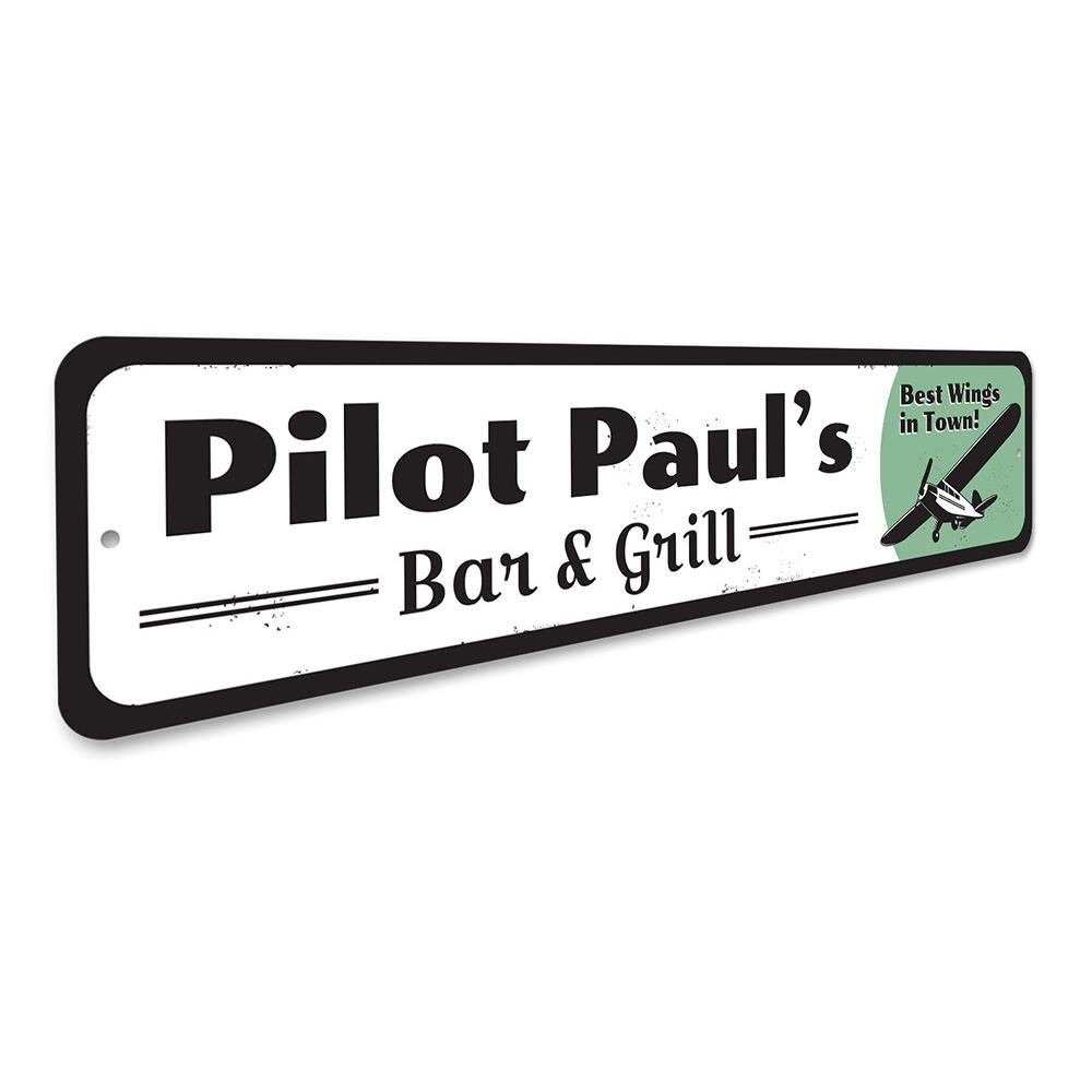 Pilot Bar & Grill Sign made of high-quality aluminum, featuring customizable text and pre-drilled holes for easy mounting.