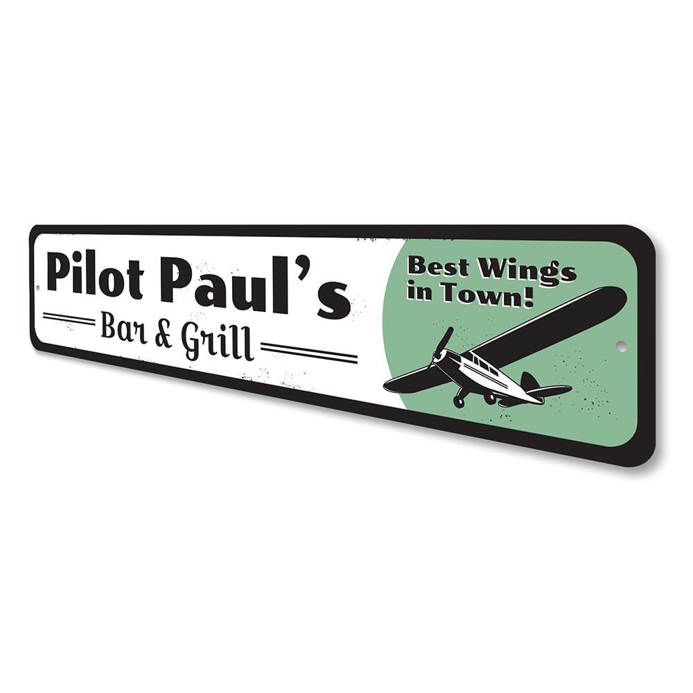 Pilot Bar & Grill Sign made of high-quality aluminum, featuring customizable text and pre-drilled holes for easy mounting.