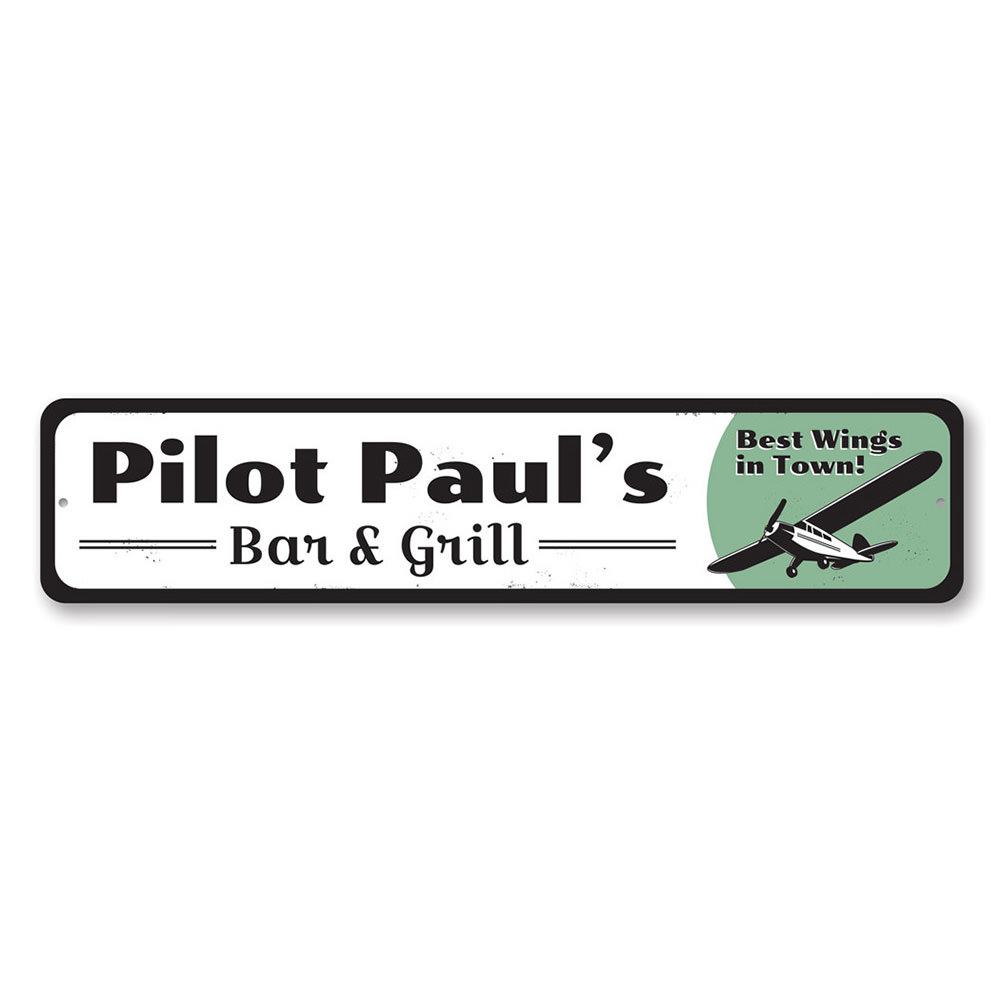 Pilot Bar & Grill Sign made of high-quality aluminum, featuring customizable text and pre-drilled holes for easy mounting.