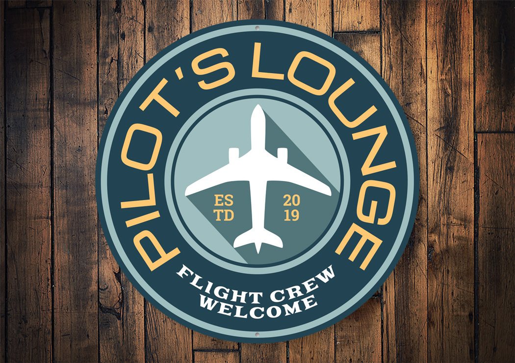 Pilot Lounge Welcome Sign made of durable aluminum, featuring customizable text and pre-drilled holes for easy mounting.