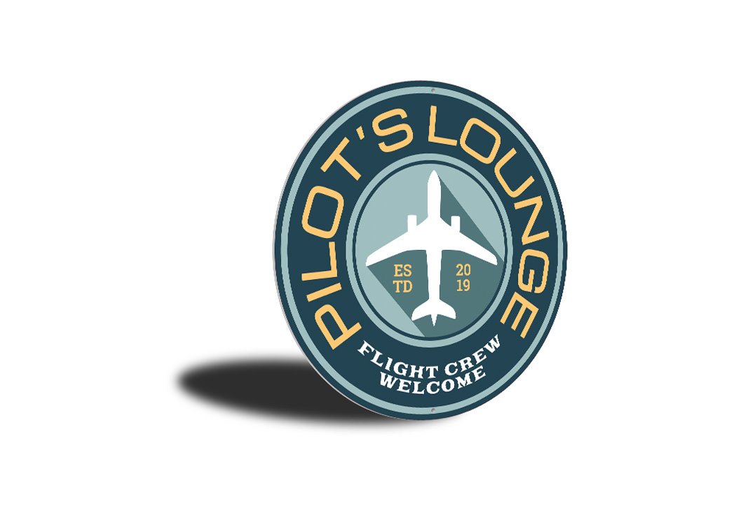 Pilot Lounge Welcome Sign made of durable aluminum, featuring customizable text and pre-drilled holes for easy mounting.