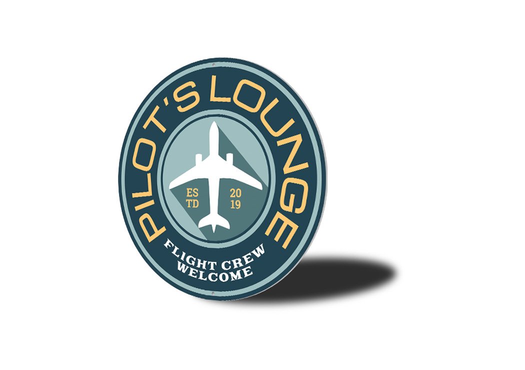 Pilot Lounge Welcome Sign made of durable aluminum, featuring customizable text and pre-drilled holes for easy mounting.