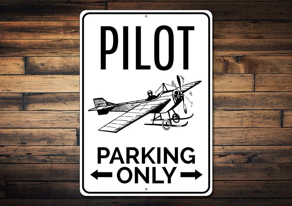 Pilot Parking Sign made of high-quality aluminum, featuring customizable text and pre-drilled holes for easy mounting.