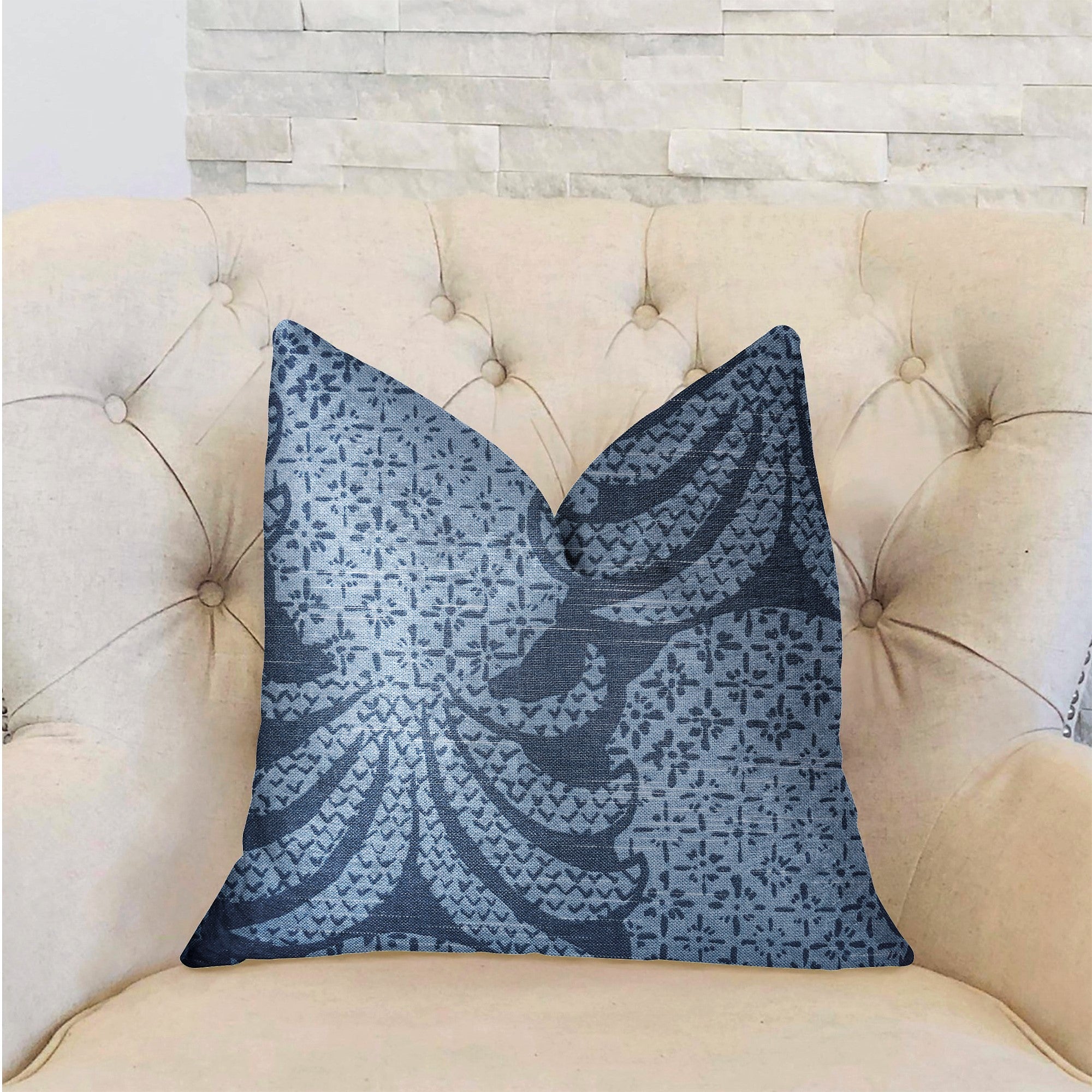 Pineapple Crush Blue and Black Luxury Throw Pillow showcasing a modern design with a vibrant pattern, featuring an invisible zipper and double-sided fabric.