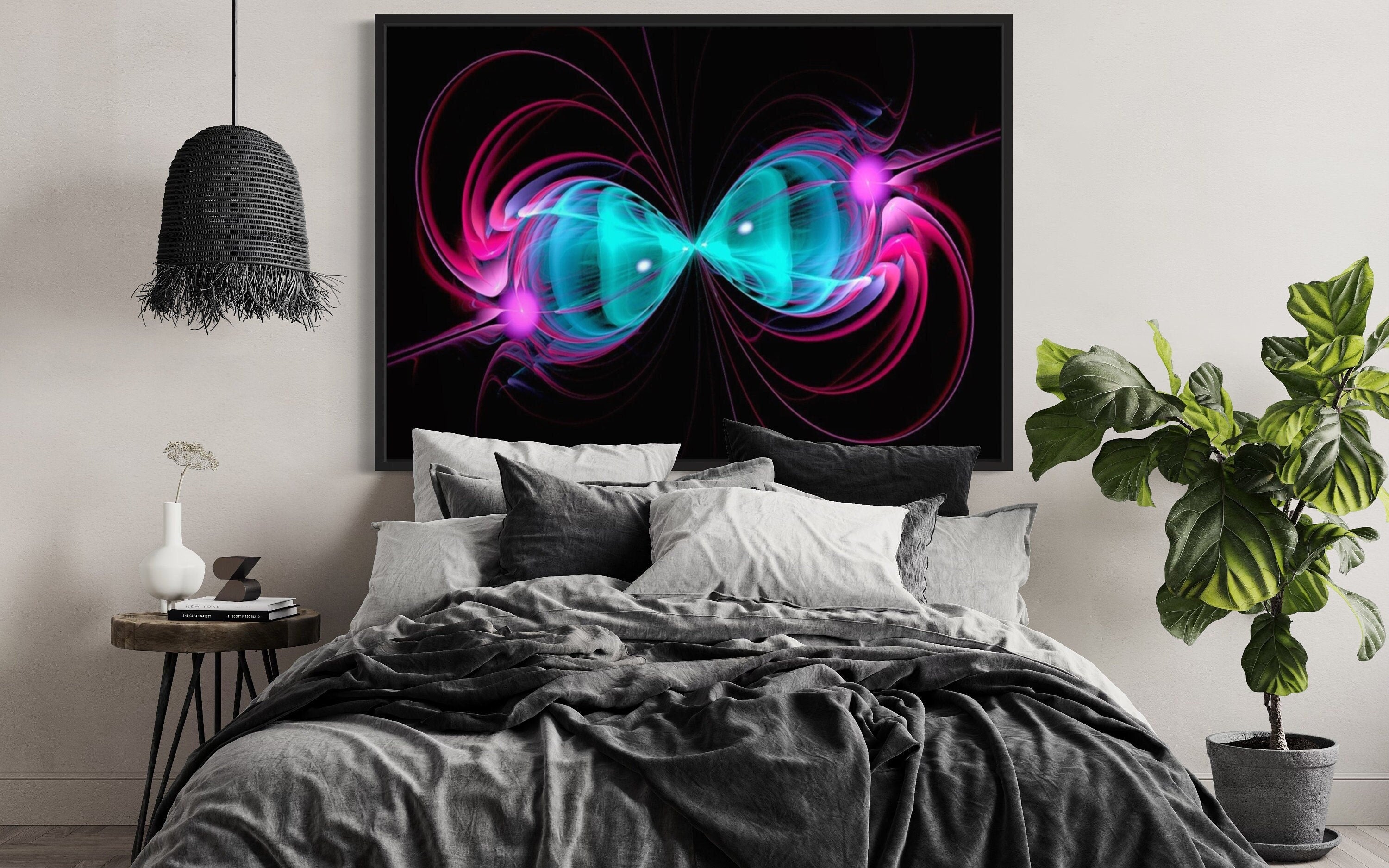 A vibrant pink and blue long exposure pattern print featuring a symmetrical geometric design, perfect for home or office decor.