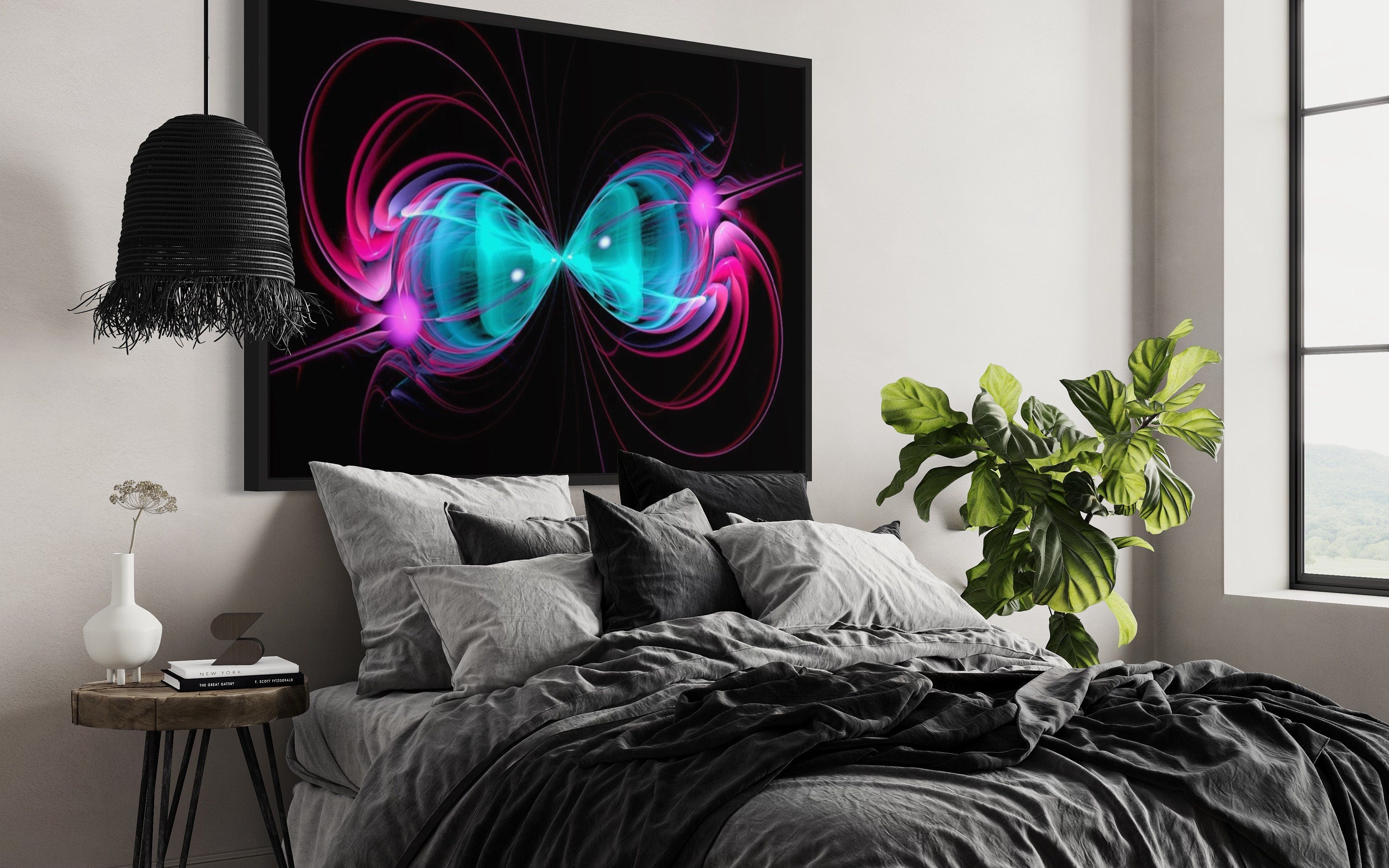 A vibrant pink and blue long exposure pattern print featuring a symmetrical geometric design, perfect for home or office decor.