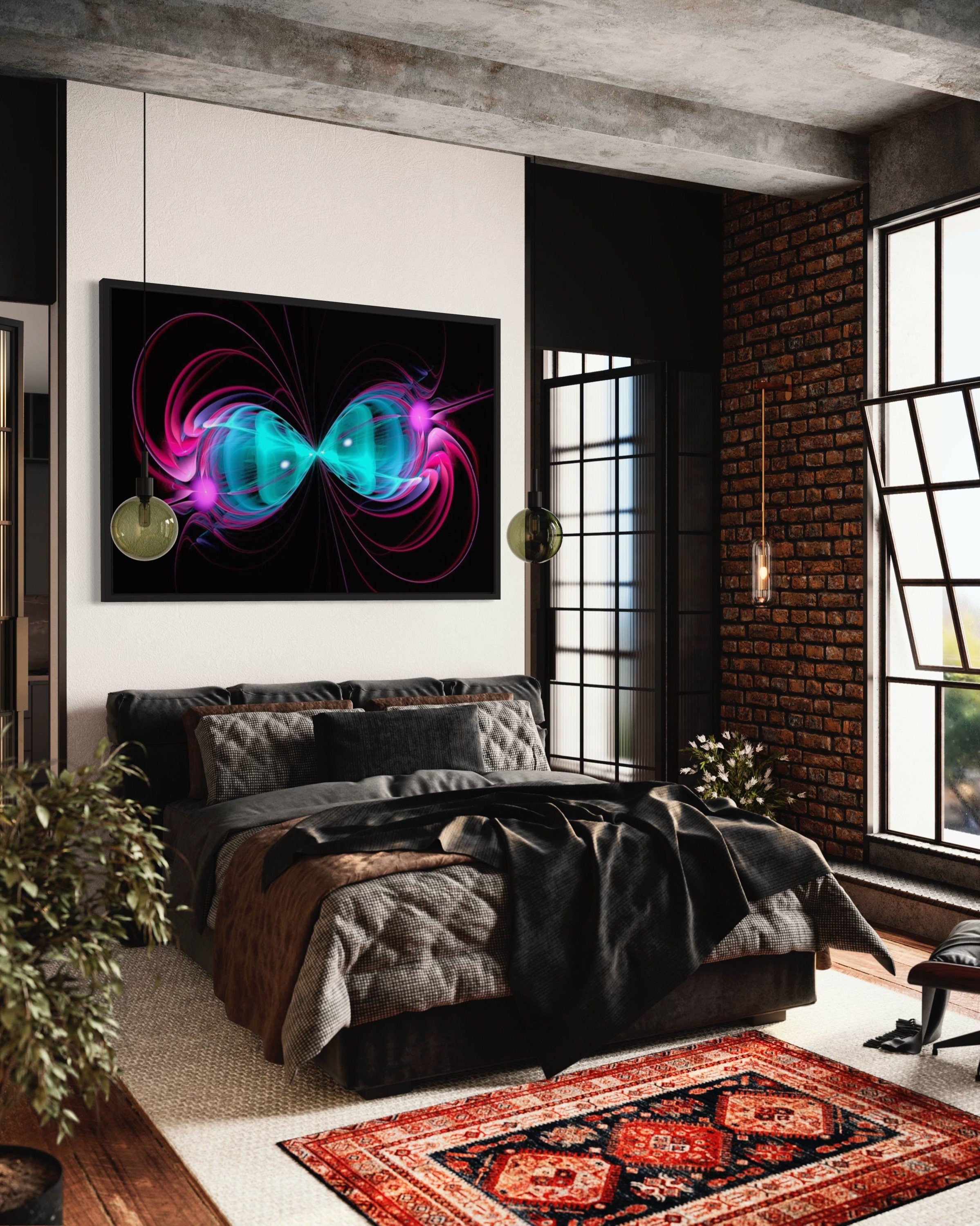 A vibrant pink and blue long exposure pattern print featuring a symmetrical geometric design, perfect for home or office decor.